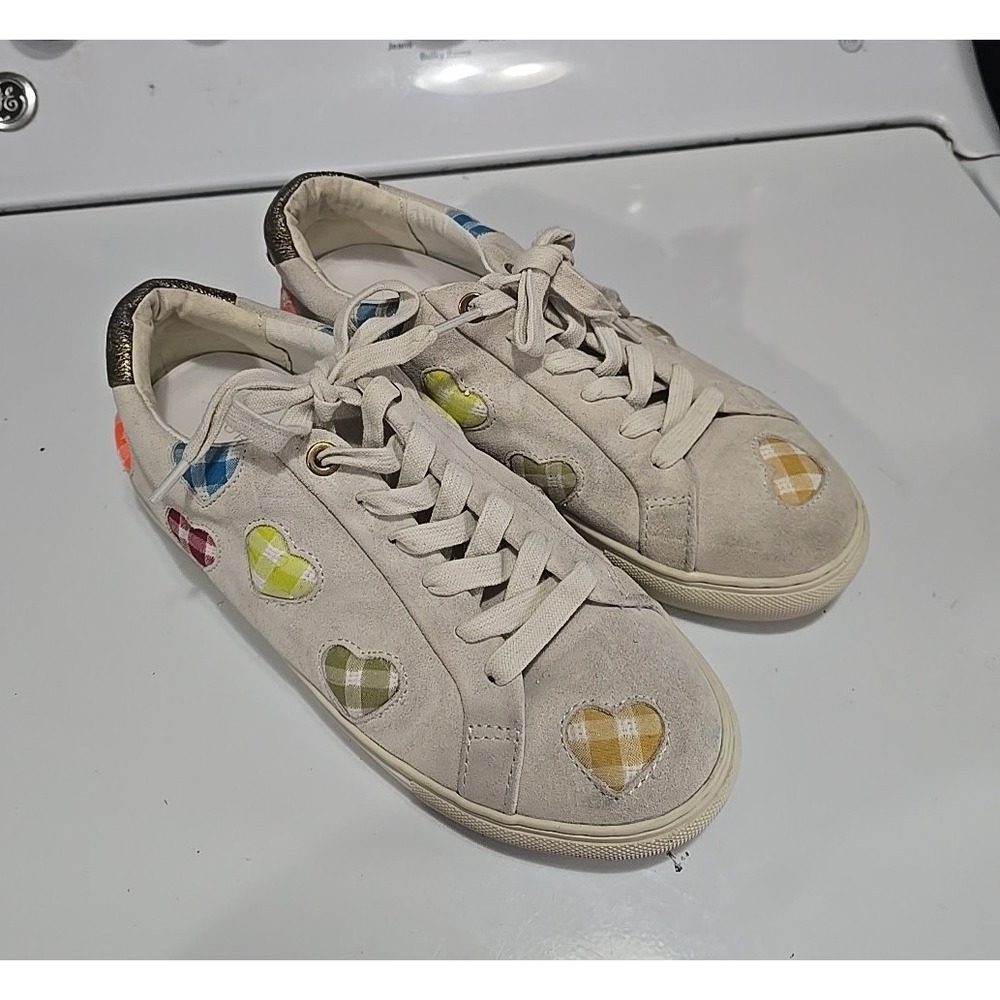 Kurt Geiger London Lane Love White Leather Gingham Heart Sneakers Womans Size 39